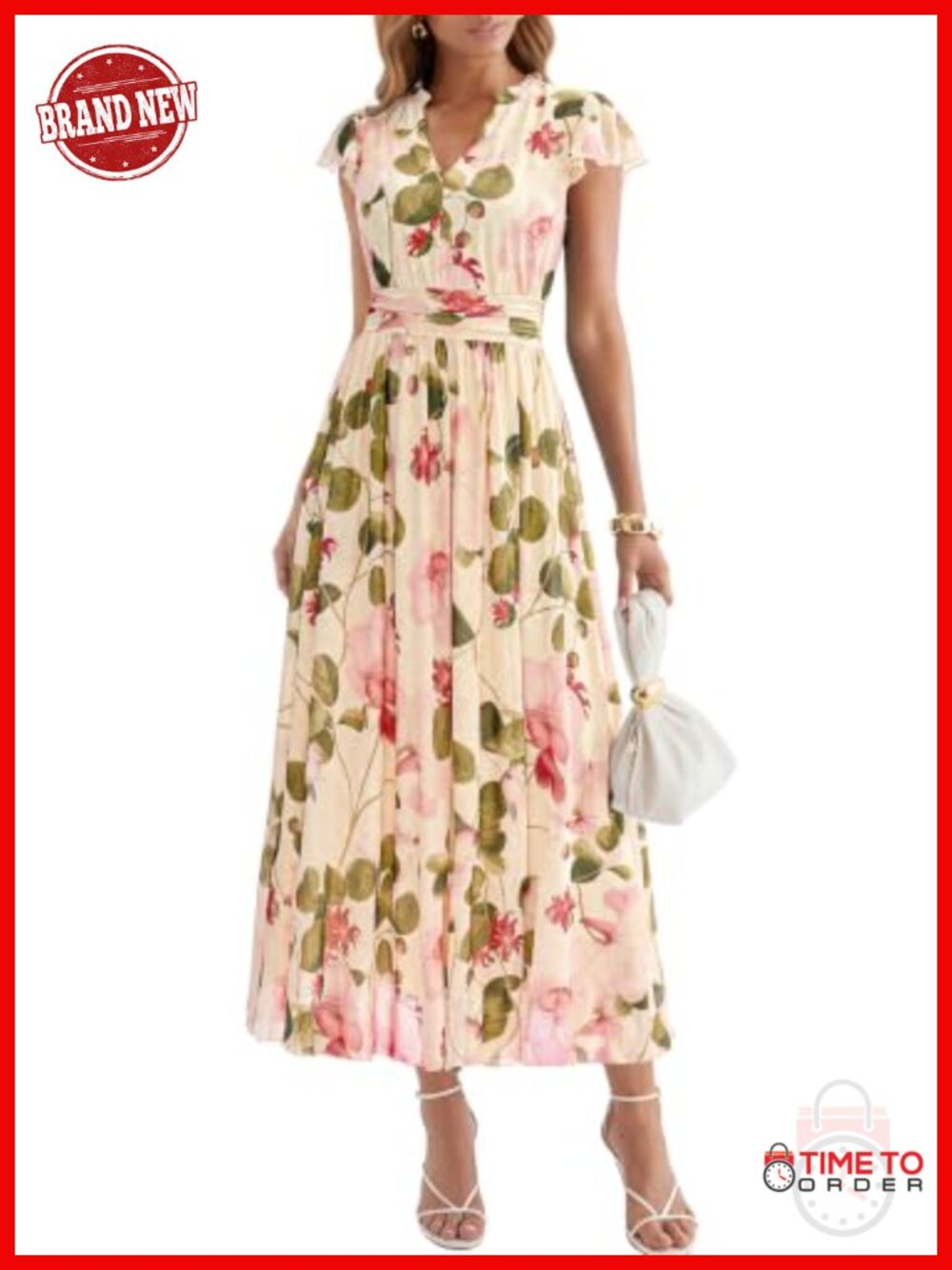 PRETTYGARDEN Womens Floral Mesh V Neck Flutter Sleeve Maxi Dress Summer